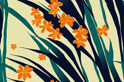 Trendy seamless 2d pattern tropical composition exotic blue leaves and orange flowers on the white background Summer realistic wallpaper