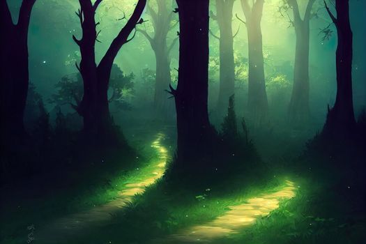 Beautiful forest at night with cute wild animals. Fantasy fairy tale feel. Fantasy misty landscape with a soft feeling with light magical effects. Perfect for a backdrop, background