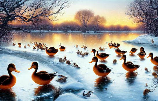 Ducks on a frozen river in winter. Ducks in winter. Ducks on snow. Ducks in winter water