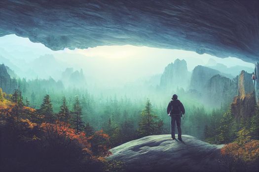 Intrepid traveler stands on cliff overlooking light autumn forest and  majestic light blue mountain range. 3D Render digital art.