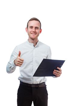 man businessman, a teacher, a mentor, study and sign documents a new Business Projects. Isolated on white background