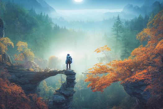 Intrepid traveler stands on cliff overlooking light autumn forest and  majestic light blue mountain range. 3D Render digital art.