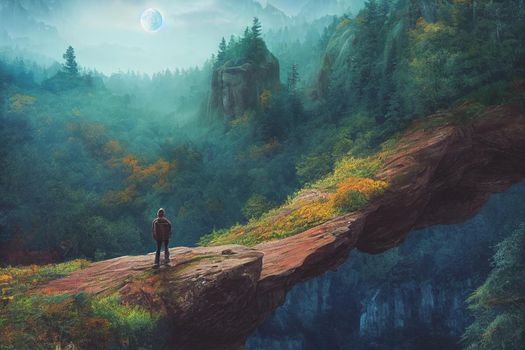 Intrepid traveler stands on cliff overlooking light autumn forest and  majestic light blue mountain range. 3D Render digital art.