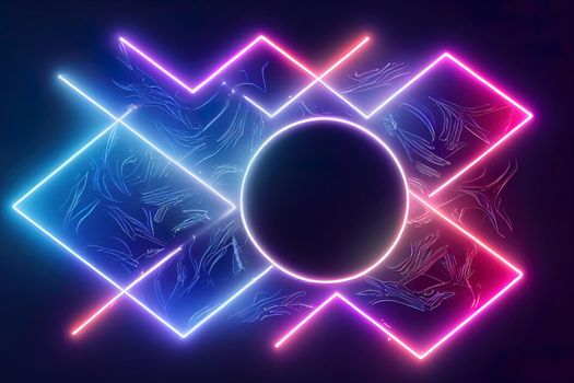 Futuristic SciFi Abstract Blue And Purple Neon Light Shapes On Black Background And Reflective Concrete With Empty Space For Text 3D Rendering Illustration