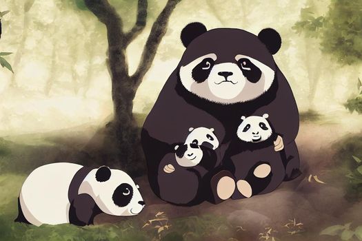 a fat panda mother with black circles around eyes a pair of black ears on head top two arms like wearing black sleeves is holding her kid and sitting on the leaves in woods on mountain enjoy sunshine