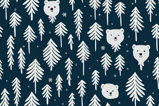 Seamless pattern with cute hand drawn polar bears, pine trees and snowy winter woodland on dark blue background. Perfect for textile, wallpaper or print design.