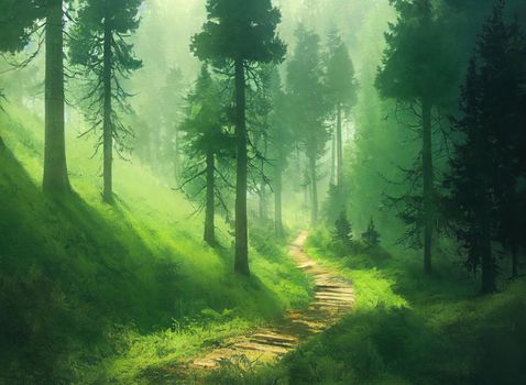 Pathway through the hills of dark evergreen forest. Pine, fir, spruce trees, tree logs, green plants, moss. Mist, sunlight. Spring in Europe.