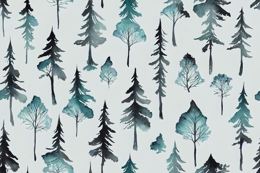 Wild forest animals seamless pattern Watercolor image Hand drawn forest bear wolf rabbit badgerfir trees mountains Seamless pattern for fabric paper tixtile print White background
