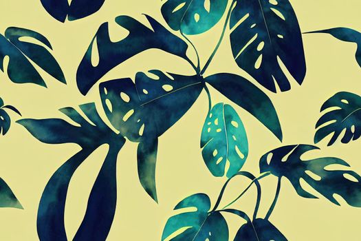 Watercolor seamless pattern with tropical leaves palms monstera passion fruit Beautiful allover print with hand drawn exotic plants Swimwear botanical design