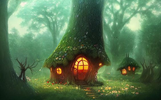 Fairyland house in the forest. Enchanted woods with tiny fantasy houses in a dreamlike digital artwork. Concept book illustration featuring a cute, playful drawing of a fairy house surrounded by trees