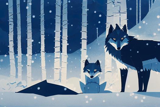 Majestic wolf in snow woods. Majestic gray wolf sitting down surrounded by magical snow. 3d illustration