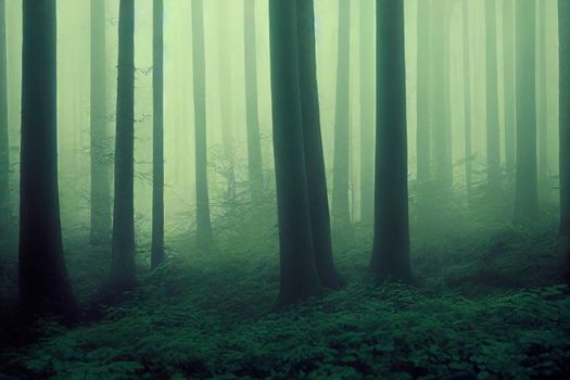 Panorama of the misty forest. Forest mist. Misty forest in fog. Deep forest in mist