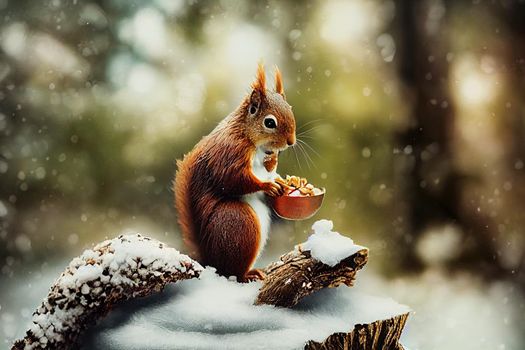 Cute red squirrel eats a nut in winter scene with nice blurred forest in the background