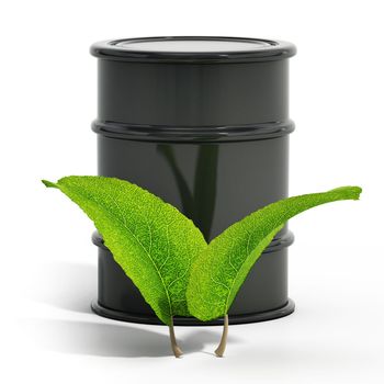 Green leaves and oil barrel isolated on white background. 3D illustration.