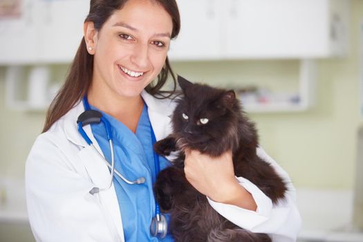 We aim to save your pets life. Portrait of a smiling female vet holding a grumpy dark feline