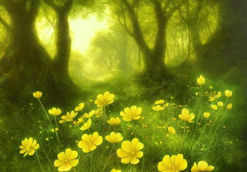 Yellow buttercup flowers with green leaves background in woods