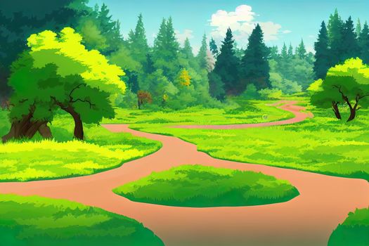 Game ground texture of road in forest. Game level scene with summer landscape of deep woods with path, green grass, trees, bushes and stones, cartoon illustration