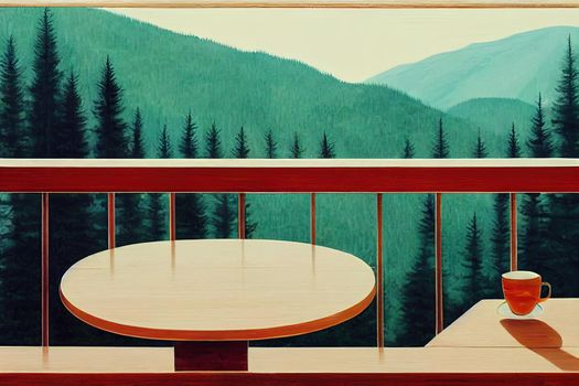 White ceramic cup of tea, coffee beverage stands on wooden balcony railing against green coniferous forest background, tall pines, firs in woods. Breakfast in the mountains. Spruce branch in sunlight.
