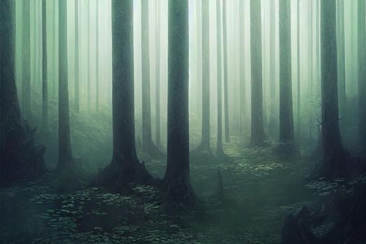 Magical glowing forest, dungeons and dragons fantasy concept art forest painting. Digital artwork, mysterious misty forest.