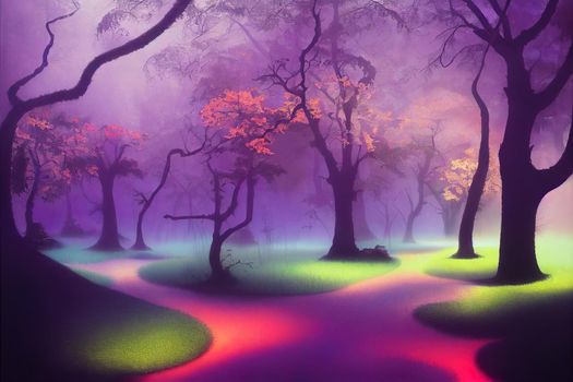 Mystical autumn forest with fog in purple tones. Foggy magical place. Mysterious woods In the morning. Magical atmosphere.