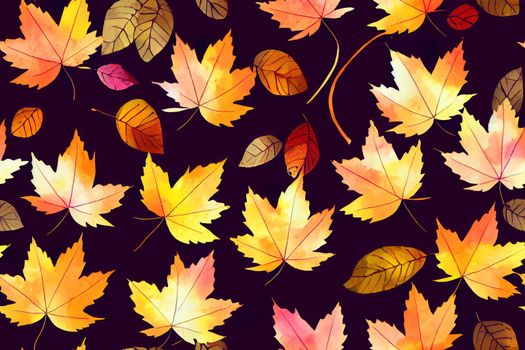 Watercolor seamless pattern Branch Watercolor background drawing with autumn leaves plants branches of linden aspen Oak maple leaf Whirlwind autumn wind forest autumn pattern