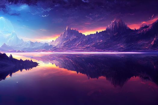 3d rendering. Abstract surreal seascape background with rocky mountains and mirror arches. Panoramic spiritual wallpaper