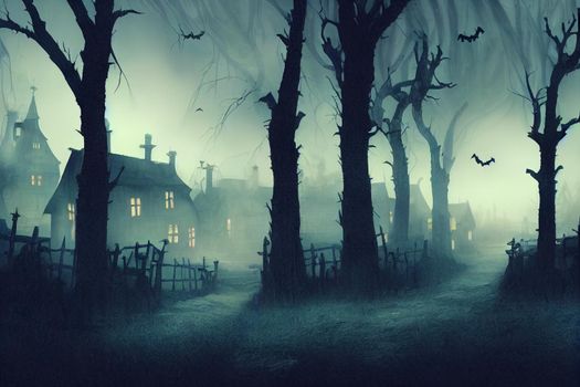 Hunted Village dark and foggy, dark village with heavy fog Halloween concept design, horror scary atmosphere of medieval style village during the black plague death 3d rendering