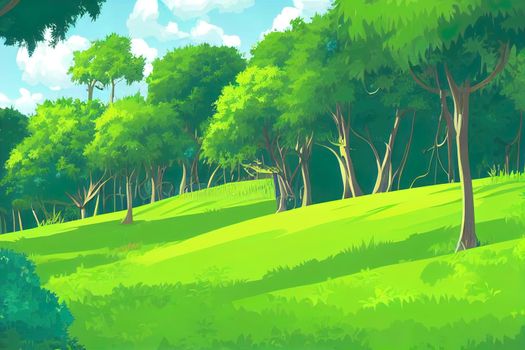 Spring forest glade with green grass. Scene of jungle, garden or natural park in daylight. cartoon illustration of woods landscape with trees, lianas, stones and grass