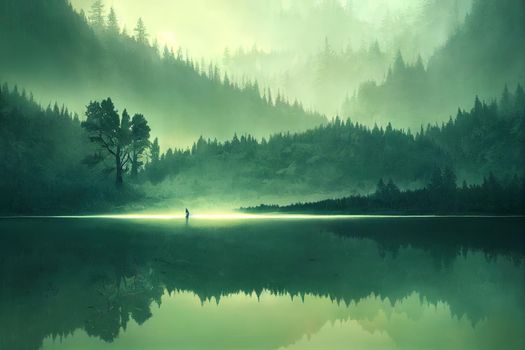 forest with reflection in lake and man silhouette