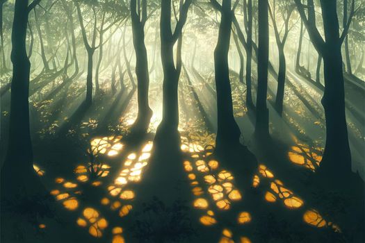 Shadow sunbeams in woods. Forest sunbeams