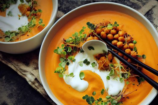 Vegetarian autumn pumpkin and carrot soup with cream, spicy chickpeas and radish micro greens. Comfort food, fall and winter healthy slow food