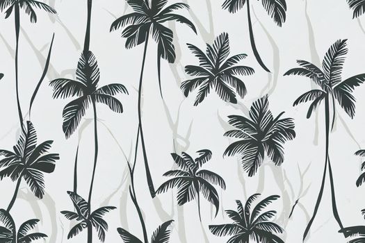 Beautiful tropical vintage hawaiian palm trees, zebra, giraffe, elephant, leopard. Hand drawn floral seamless pattern on the white background. Exotic jungle wallpaper.