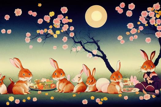 Cute rabbits picnicking under the romantic moonlight with falling osmanthus petals Translation MidAutumn Festival 15th August