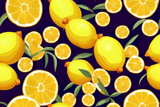 Fresh lemons background. Hand drawn overlapping backdrop. Colorful wallpaper 2d. Seamless pattern with citrus fruits collection. Decorative illustration, good for printing