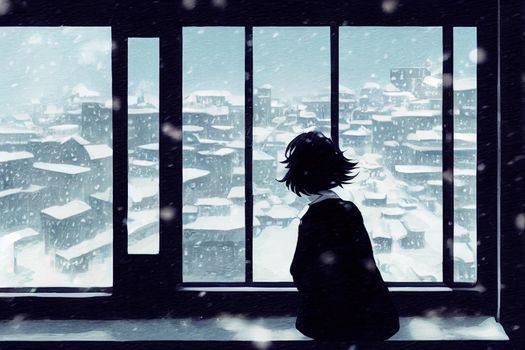 A woman looks out of the window at the snowcovered outdoors