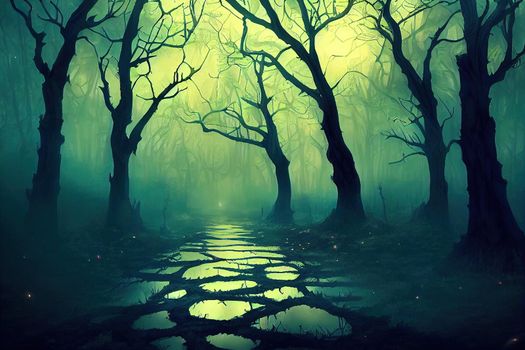 Realistic haunted forest creepy landscape at night Fantasy Halloween forest background Surreal mysterious atmospheric woods design backdrop Digital art
