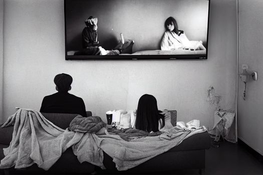 Couple with socks and woolen stockings watching movies or series on tv in winter. Woman and man sitting or lying together on sofa couch in home living room using online streaming service in television