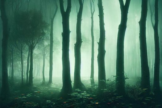 Enchanted forest in magic, mysterious fog at night.