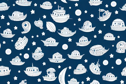 Marine seamless pattern with cartoon boats on blue background