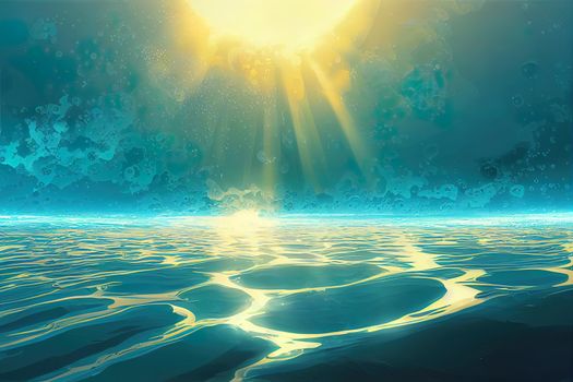 Transparent water waves with air bubbles and sunbeams on transparent background. illustration