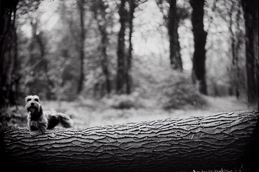 Portrait of a stunning female Welsh Terrier hunting dog, posing on a log pile in the woods.