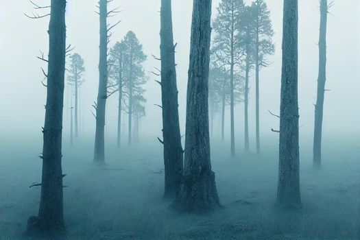Ancient pine trees in a white morning fog. Idyllic autumn landscape. Swampy northern forest. Kemeri national park, Latvia
