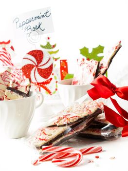 Traditional Christmas Chocolate Peppermint Bark sprinkled with peppermint candies.