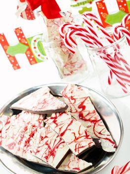 Traditional Christmas Chocolate Peppermint Bark sprinkled with peppermint candies.