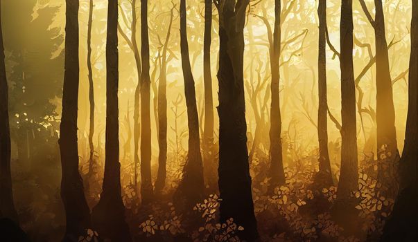 Sunny forest background. illustration of woods in forest in sunlight background.