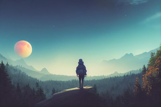 Intrepid traveler stands on cliff overlooking light autumn forest and  majestic light blue mountain range. 3D Render digital art.
