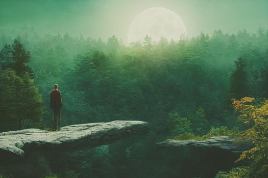 Intrepid traveler stands on cliff overlooking light autumn forest and  majestic light blue mountain range. 3D Render digital art.