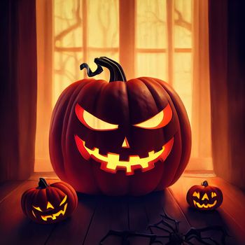 Halloween evil pumpkin cartoon illustration, evil pumpkin face