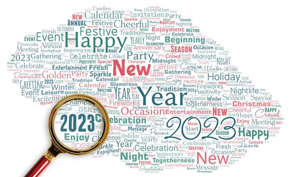 Big word cloud with new year 2023 words with magnifying glass.