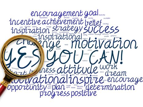 Big word cloud with yes you can words with magnifying glass.